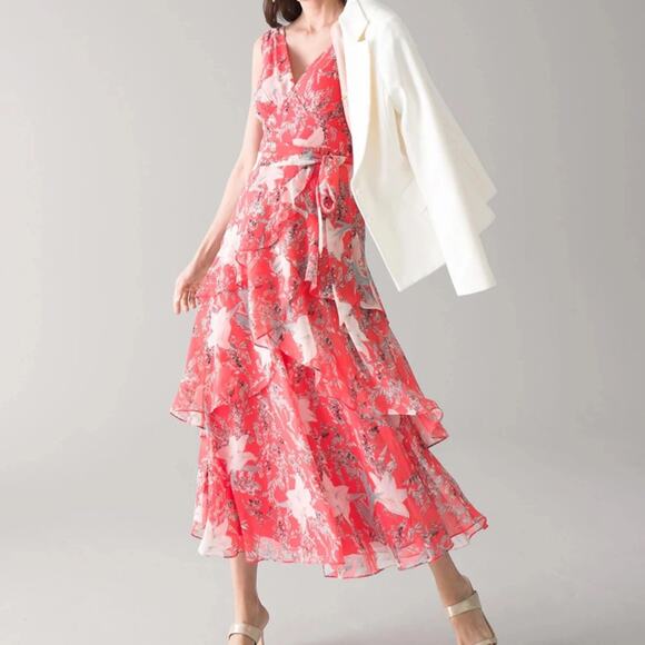 White House Black Market Dresses & Skirts - WHBM Pink Flirty Floral Print Midi Dress Sz 6